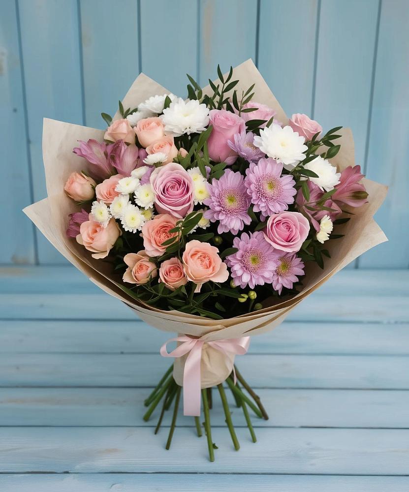 Букет цветов из: Хризантемы, Розы и Альстромерии в Майне