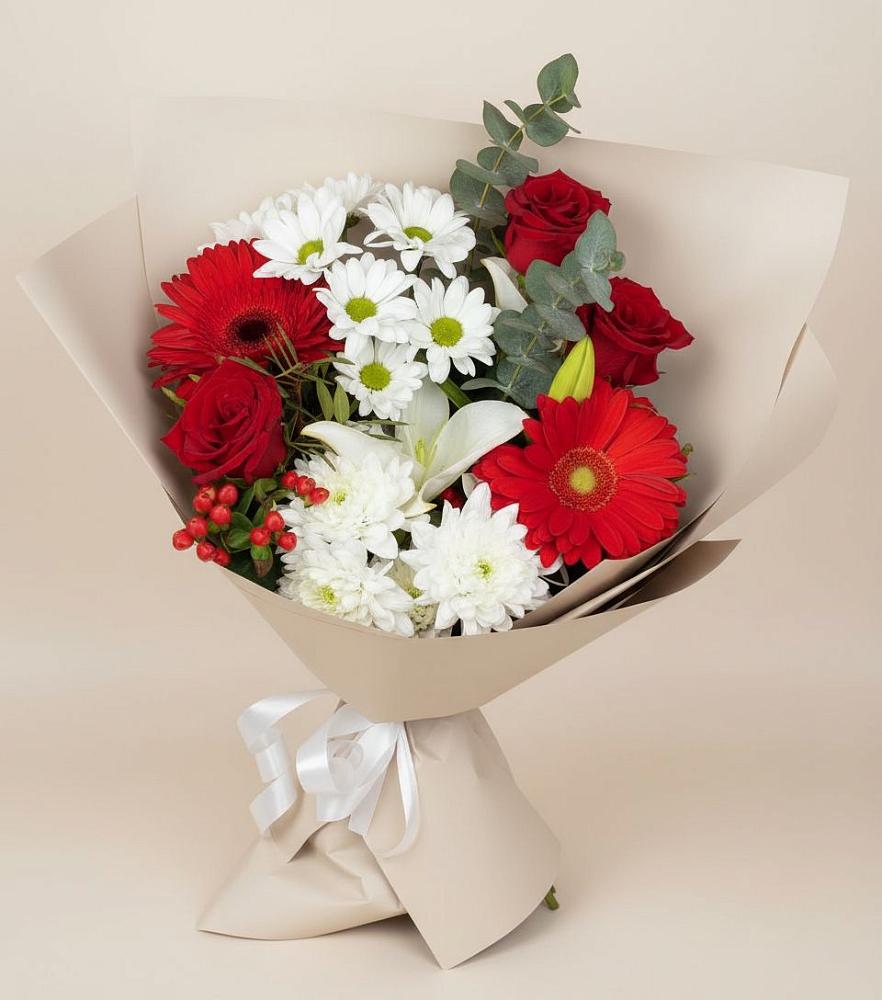 Букет цветов из: Розы, Хризантемы, Герберы и Лилии в Майне
