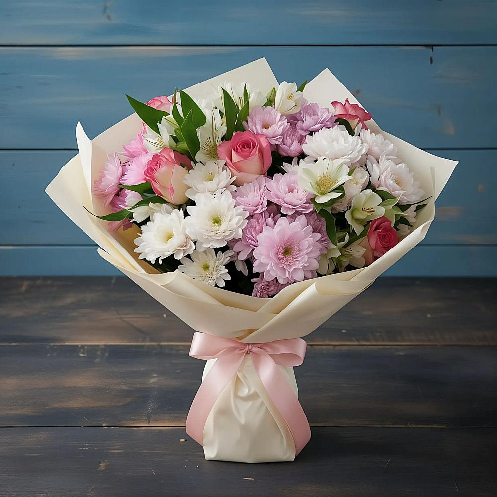 Букет цветов из: Хризантемы, Альстромерии и Розы в Майне